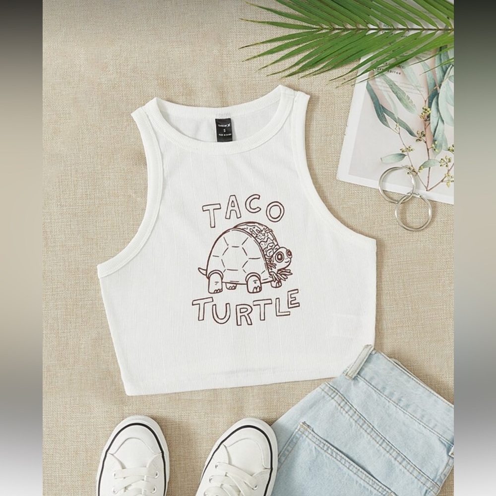White Taco Turtle Graphic Crop Top